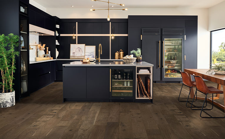 dark toned hardwood flooring in kitchen